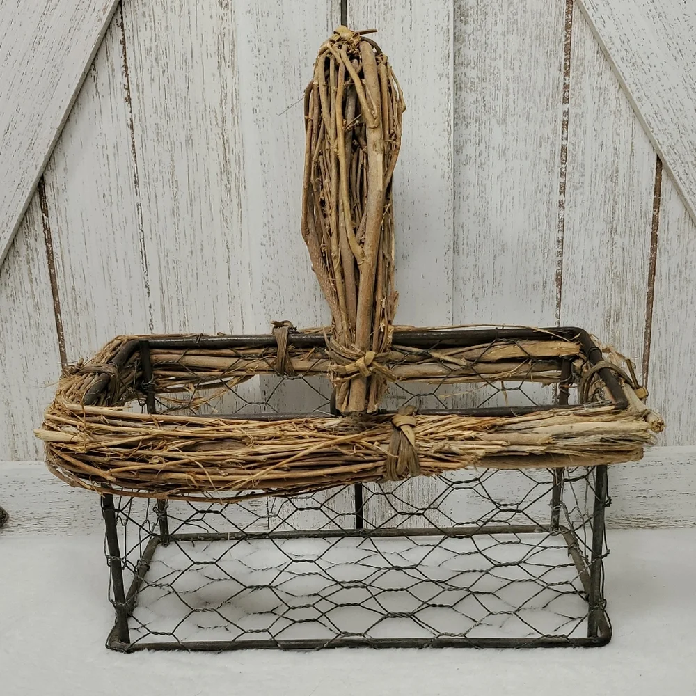Grapevine & Twigs Wire Basket with Handle Chicken Wire Basket Vineyard Country